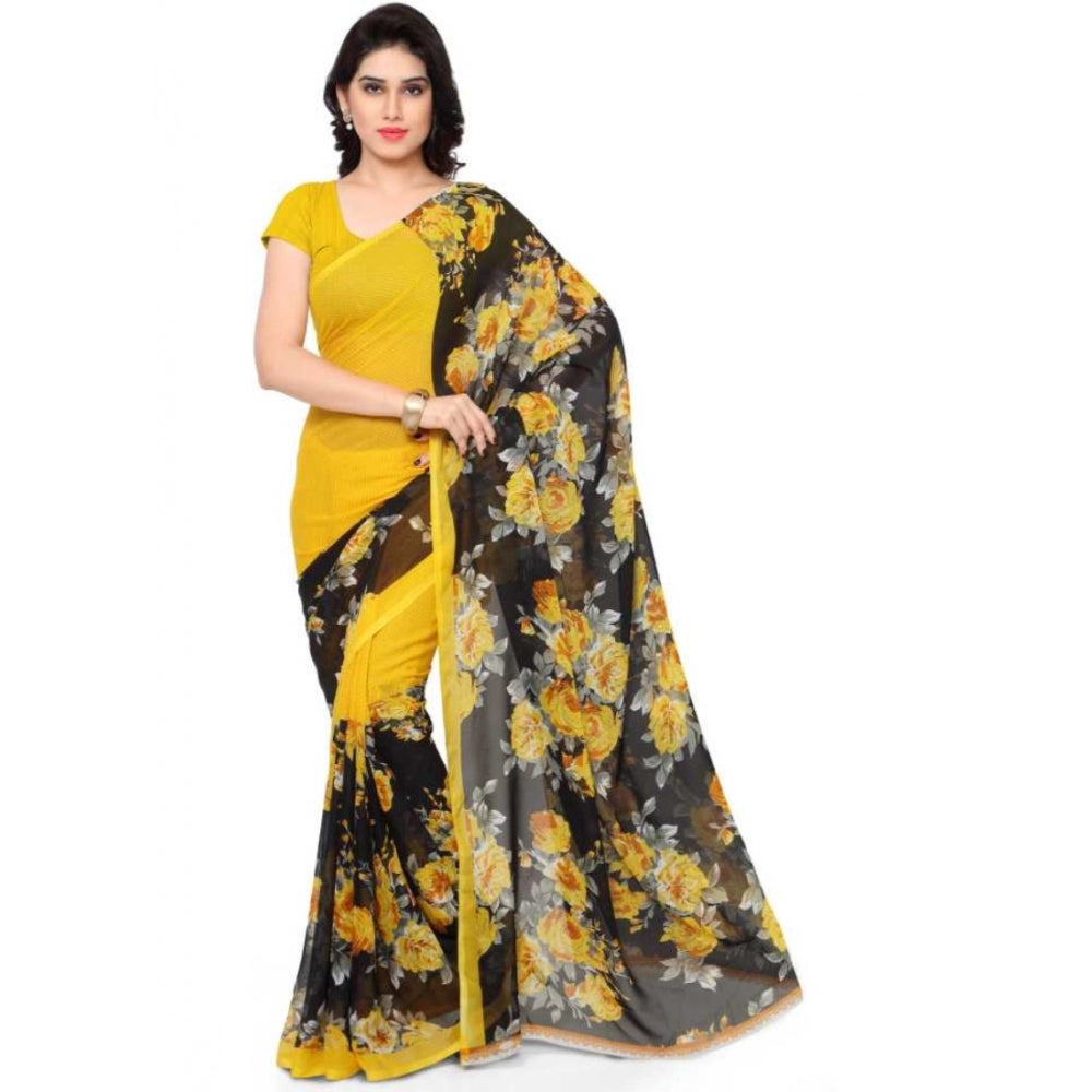 Clasymist Printed Faux Georgette Yellow Color Saree