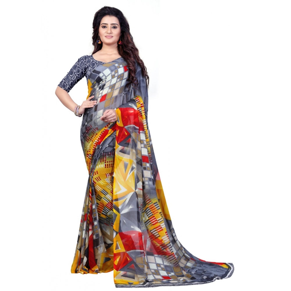 Clasymist Printed Faux Georgette Grey Color Saree