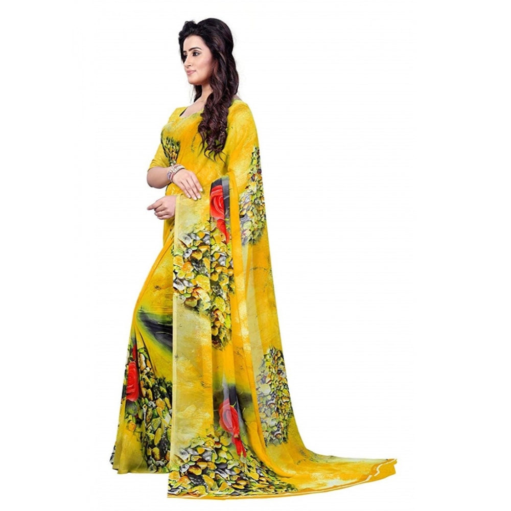 Clasymist Printed Faux Georgette Yellow Color Saree