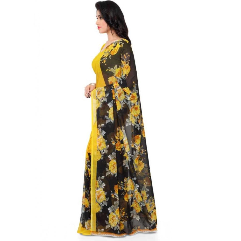 Clasymist Printed Faux Georgette Yellow Color Saree