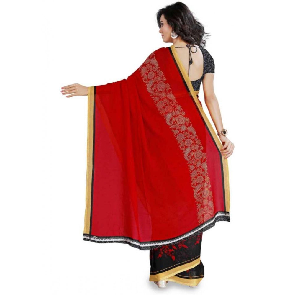 Clasymist Printed Faux Georgette Red Color Saree