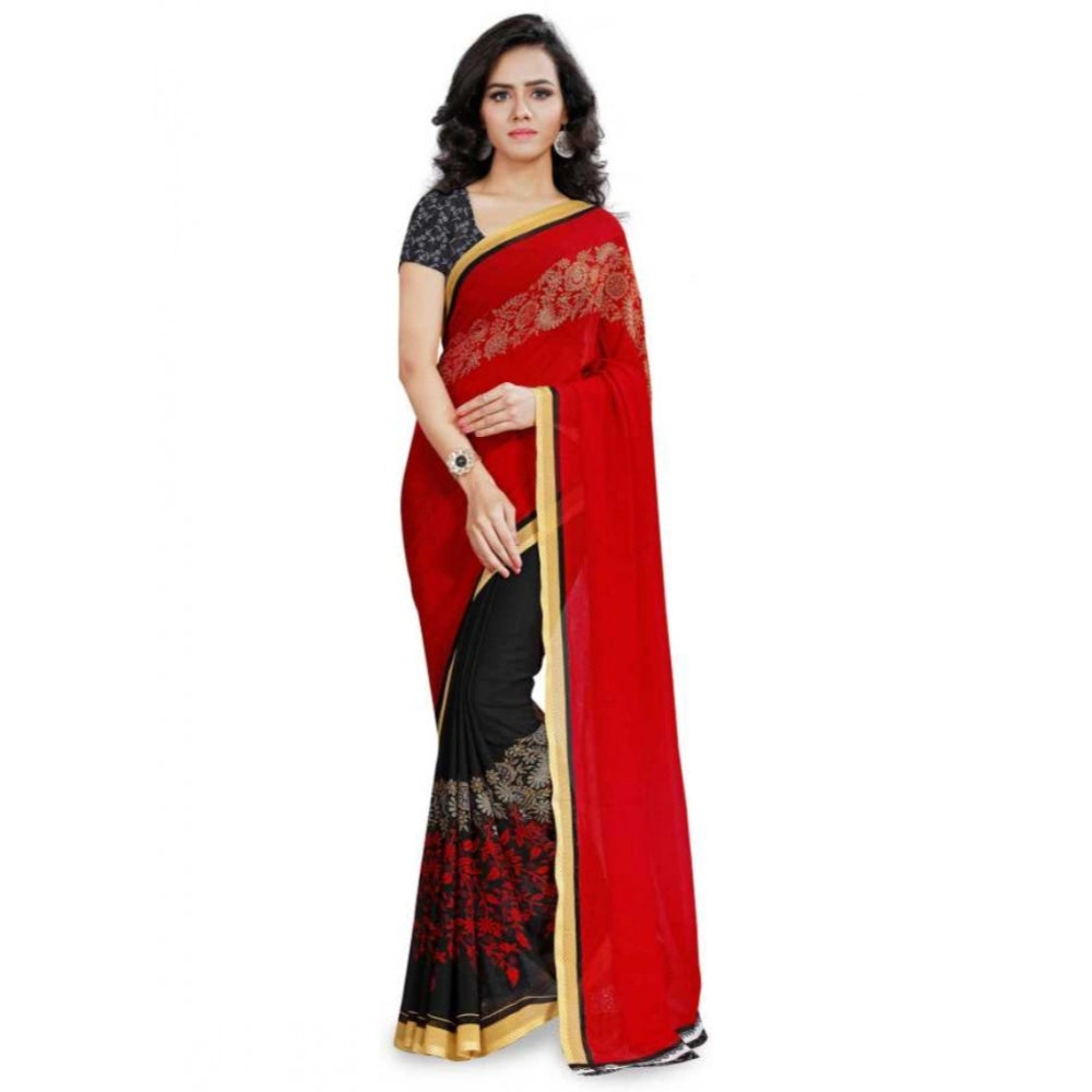 Clasymist Printed Faux Georgette Red Color Saree