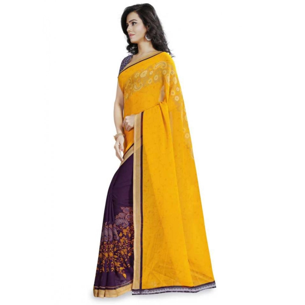 Clasymist Printed Faux Georgette Yellow Color Saree