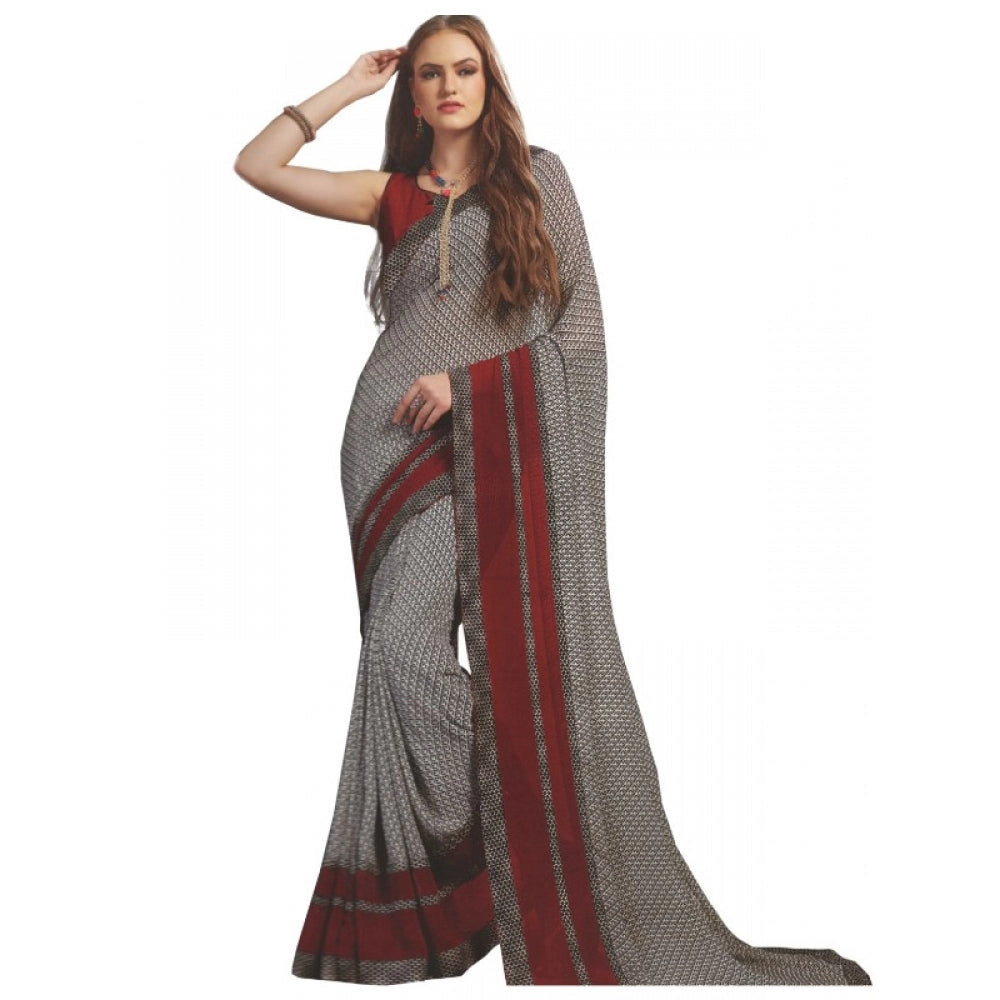 Clasymist Womens Georgette Digital Printed Saree (Grey, Red, 6.25 Mtr)