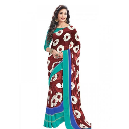 Clasymist Womens Geogrette Saree with Blouse Digital Printed Saree (Brown, 6.25 Mtr)