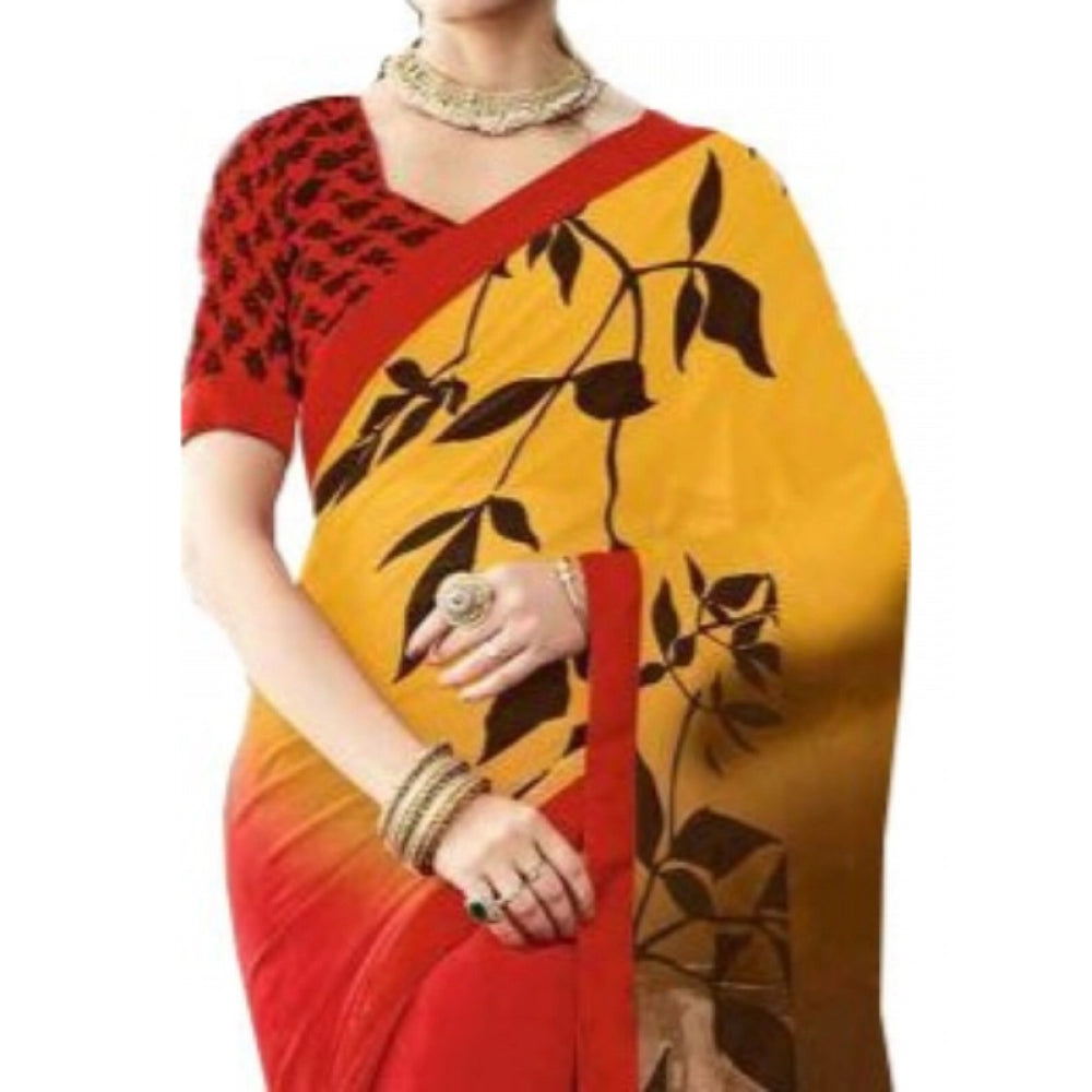 Clasymist Womens Georgette Digital Printed Saree (Red, Yellow, 6.25 Mtr)