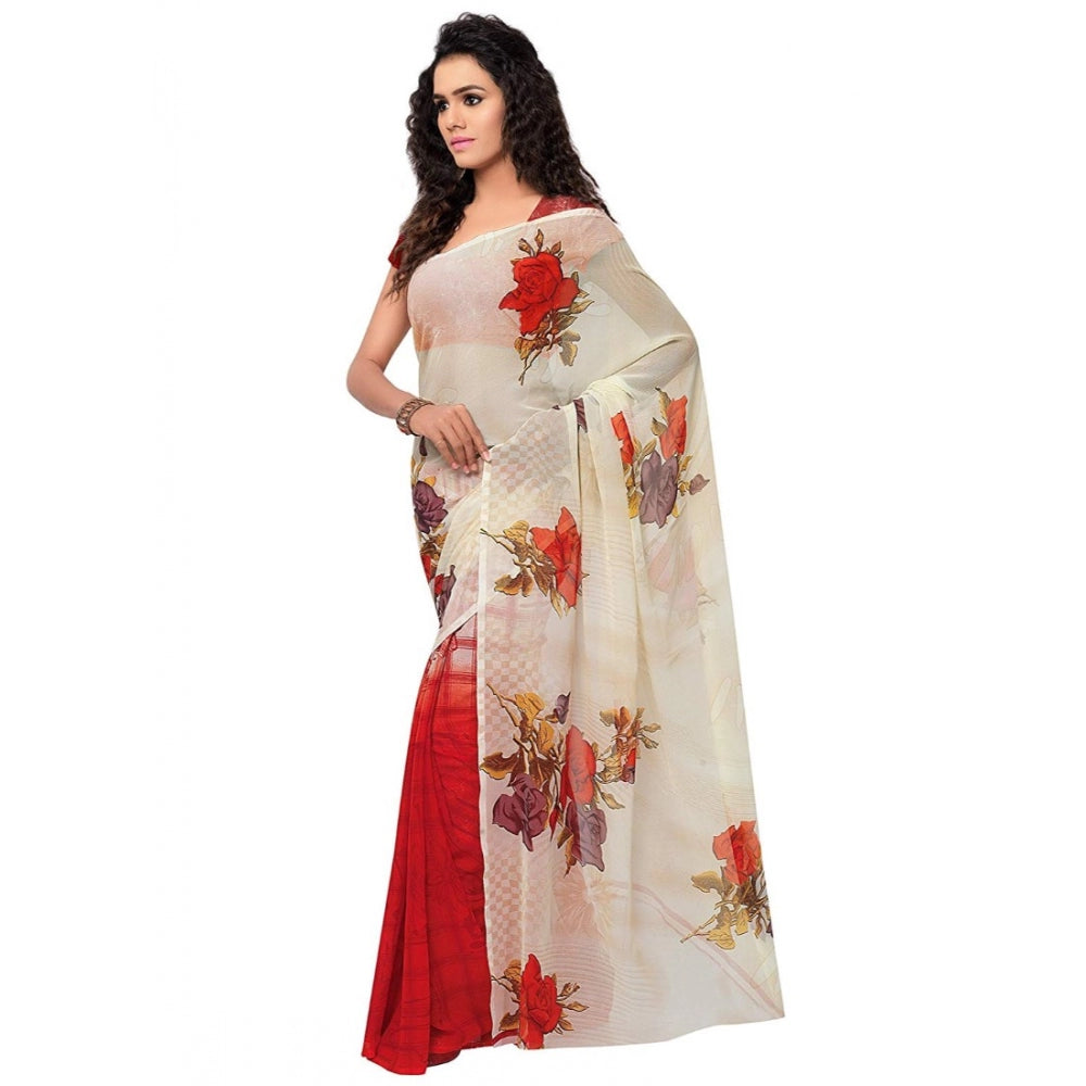 Clasymist Printed Faux Georgette Red Color Saree