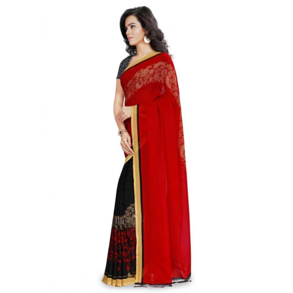 Clasymist Printed Faux Georgette Red Color Saree