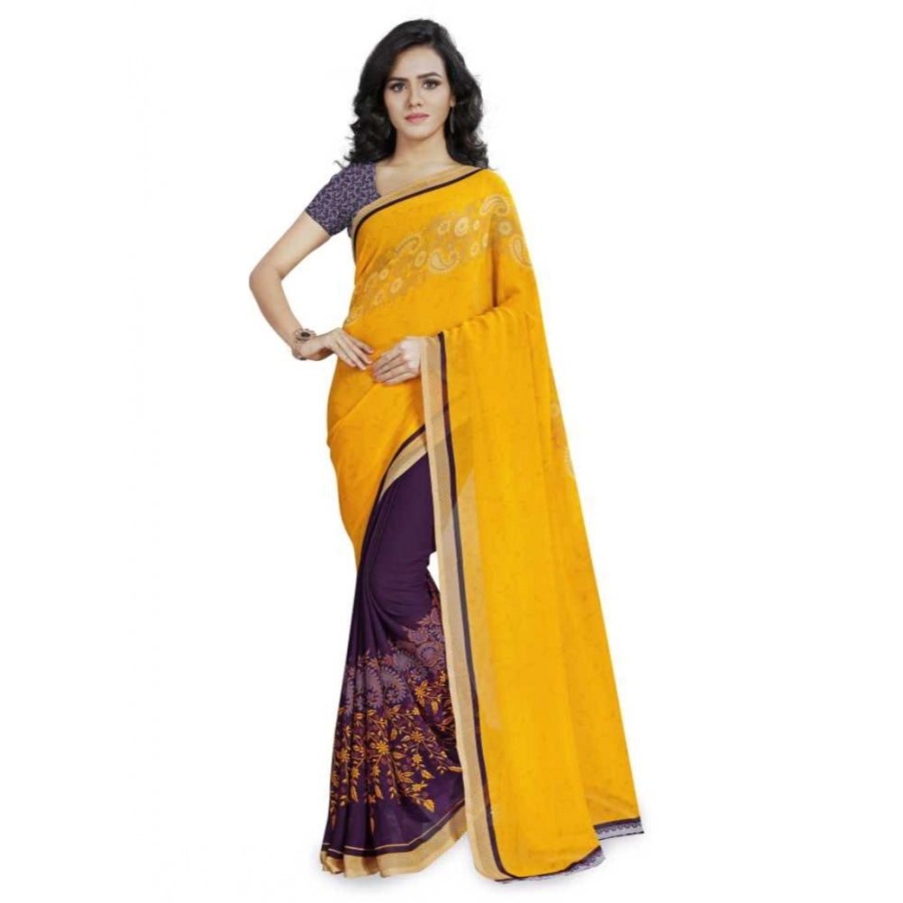 Clasymist Printed Faux Georgette Yellow Color Saree