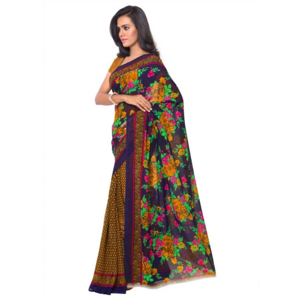 Clasymist Printed Faux Georgette Gold Color Saree