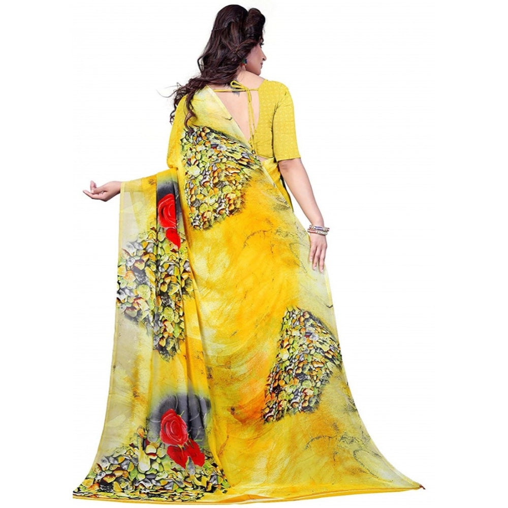 Clasymist Printed Faux Georgette Yellow Color Saree