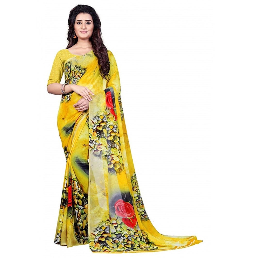 Clasymist Printed Faux Georgette Yellow Color Saree