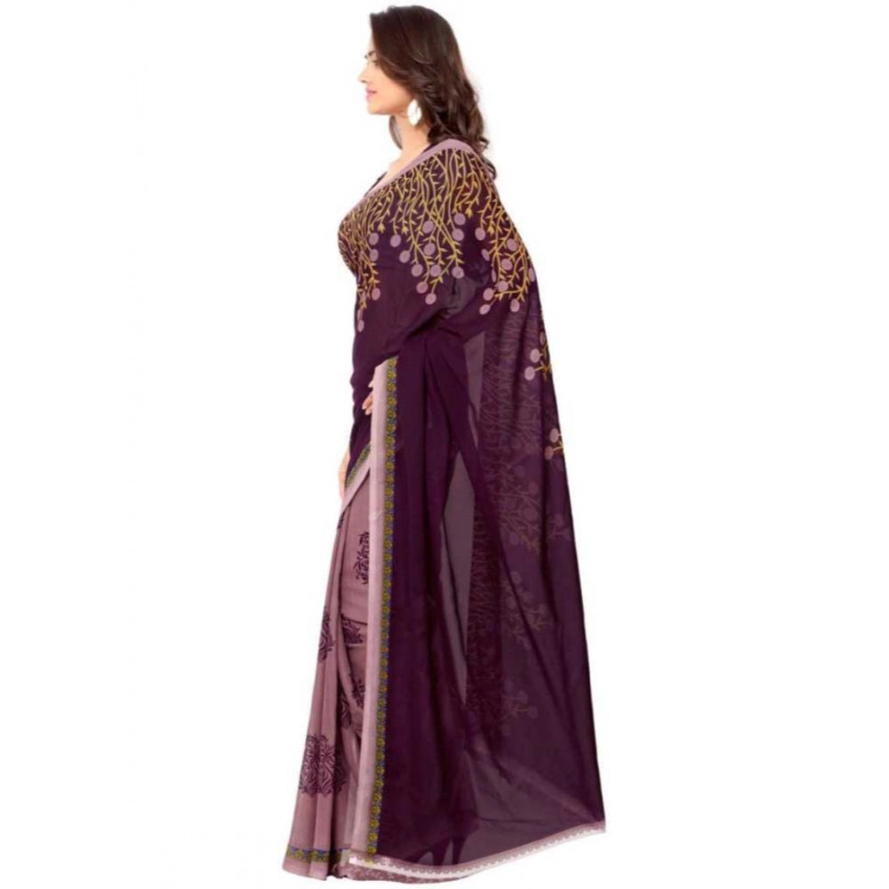 Clasymist Printed Faux Georgette Wine Color Saree