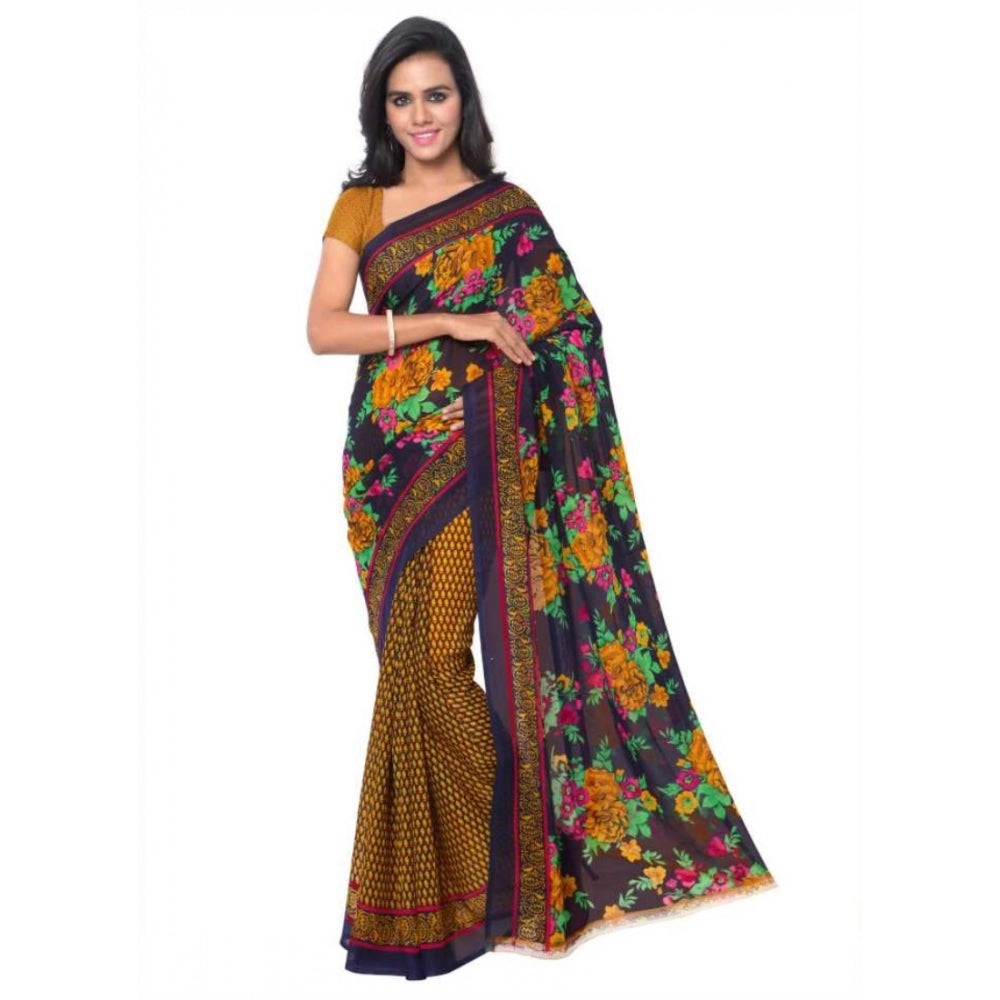 Clasymist Printed Faux Georgette Gold Color Saree