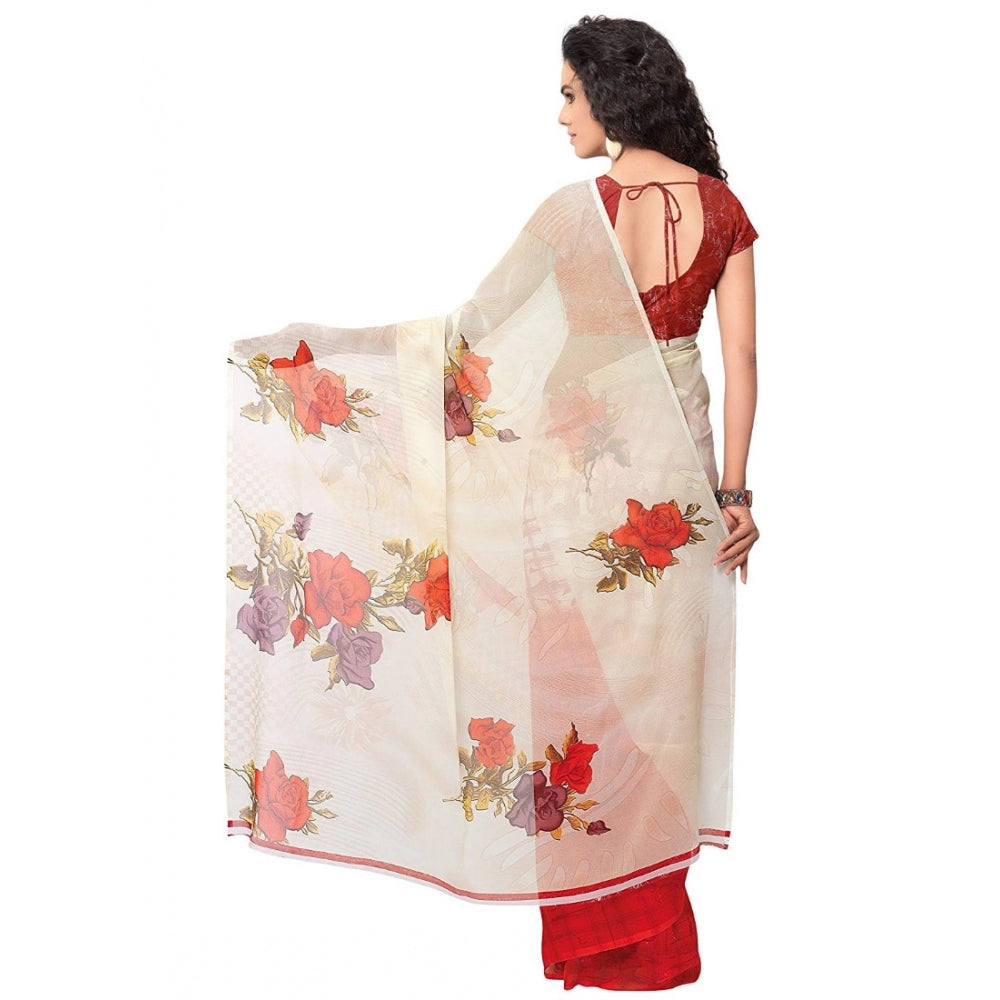 Clasymist Printed Faux Georgette Red Color Saree