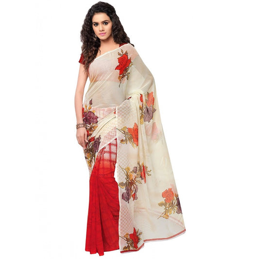 Clasymist Printed Faux Georgette Red Color Saree