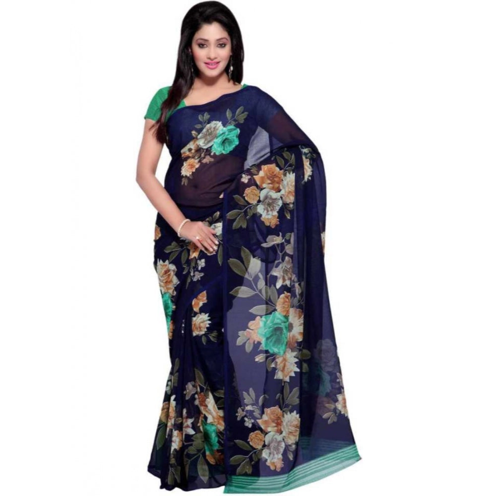 Clasymist Printed Faux Georgette Blue Color Saree