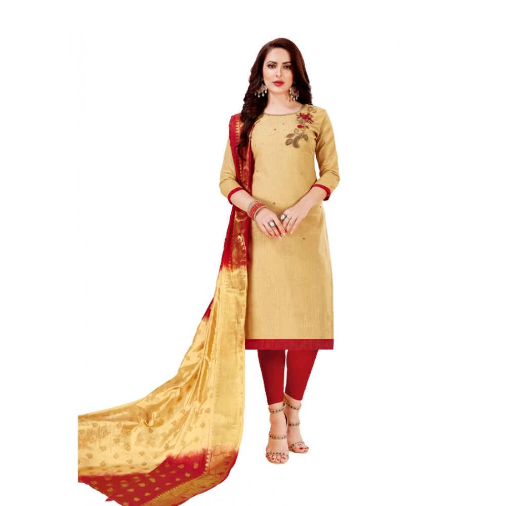 Clasymist Women's Slub Cotton Unstitched Salwar-Suit Material With Dupatta (Sandel, 2-2.5mtrs)