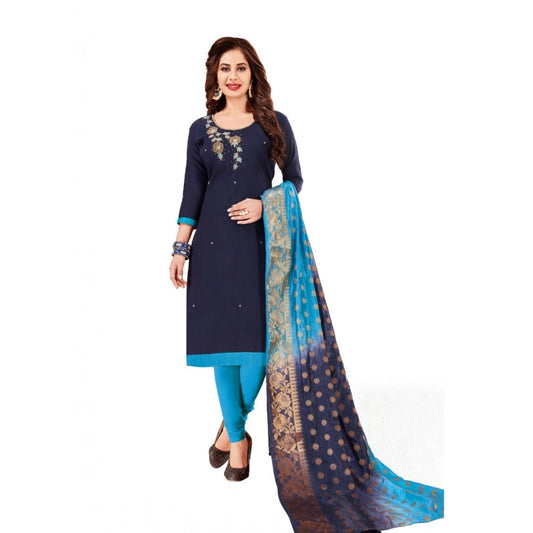 Clasymist Women's Slub Cotton Unstitched Salwar-Suit Material With Dupatta (Navy Blue, 2-2.5mtrs)