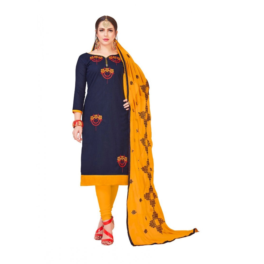 Clasymist Women's Slub Cotton Unstitched Salwar-Suit Material With Dupatta (Navy Blue, 2-2.5mtrs)