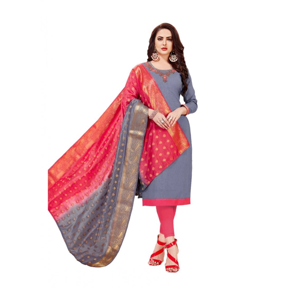 Clasymist Women's Slub Cotton Unstitched Salwar-Suit Material With Dupatta (Grey, 2-2.5mtrs)