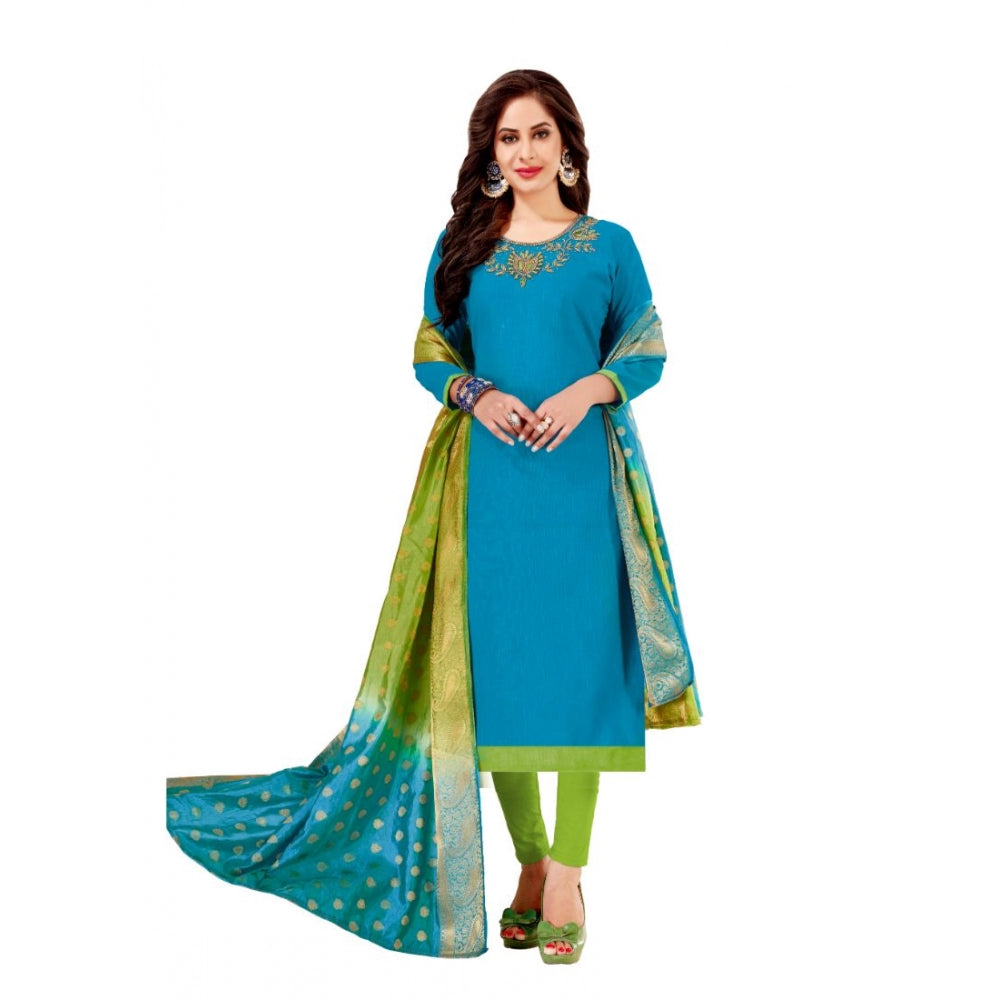 Clasymist Women's Slub Cotton Unstitched Salwar-Suit Material With Dupatta (Blue, 2-2.5mtrs)