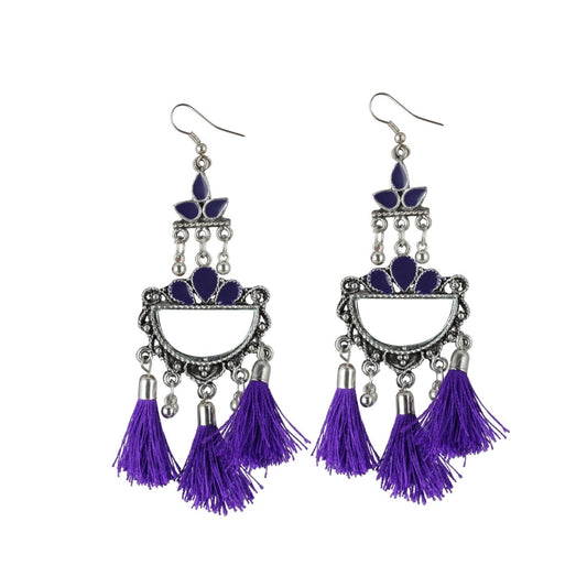 Clasymist Women's Silver Plated Afgani Tassel Earrings-Purple