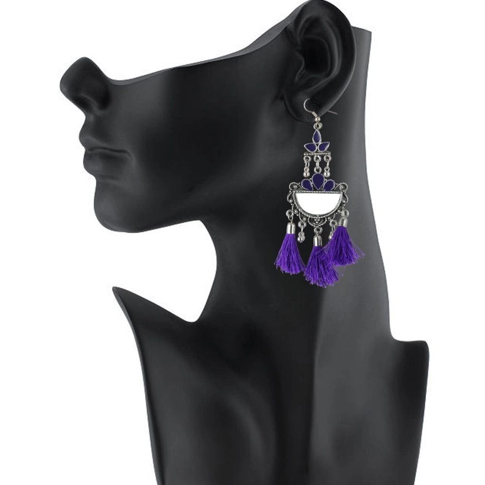 Clasymist Women's Silver Plated Afgani Tassel Earrings-Purple