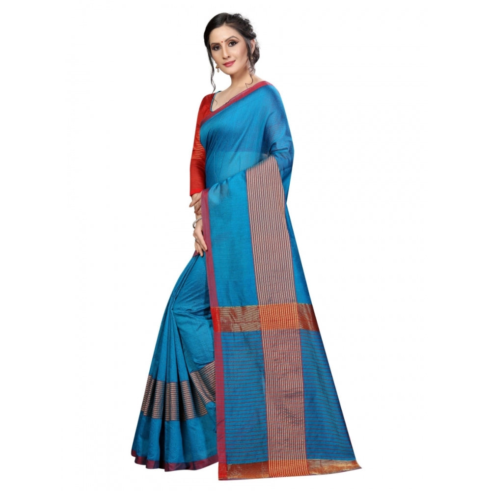 Clasymist Women's Cotton Saree With Blouse (Sky Blue, 5-6 Mtrs)