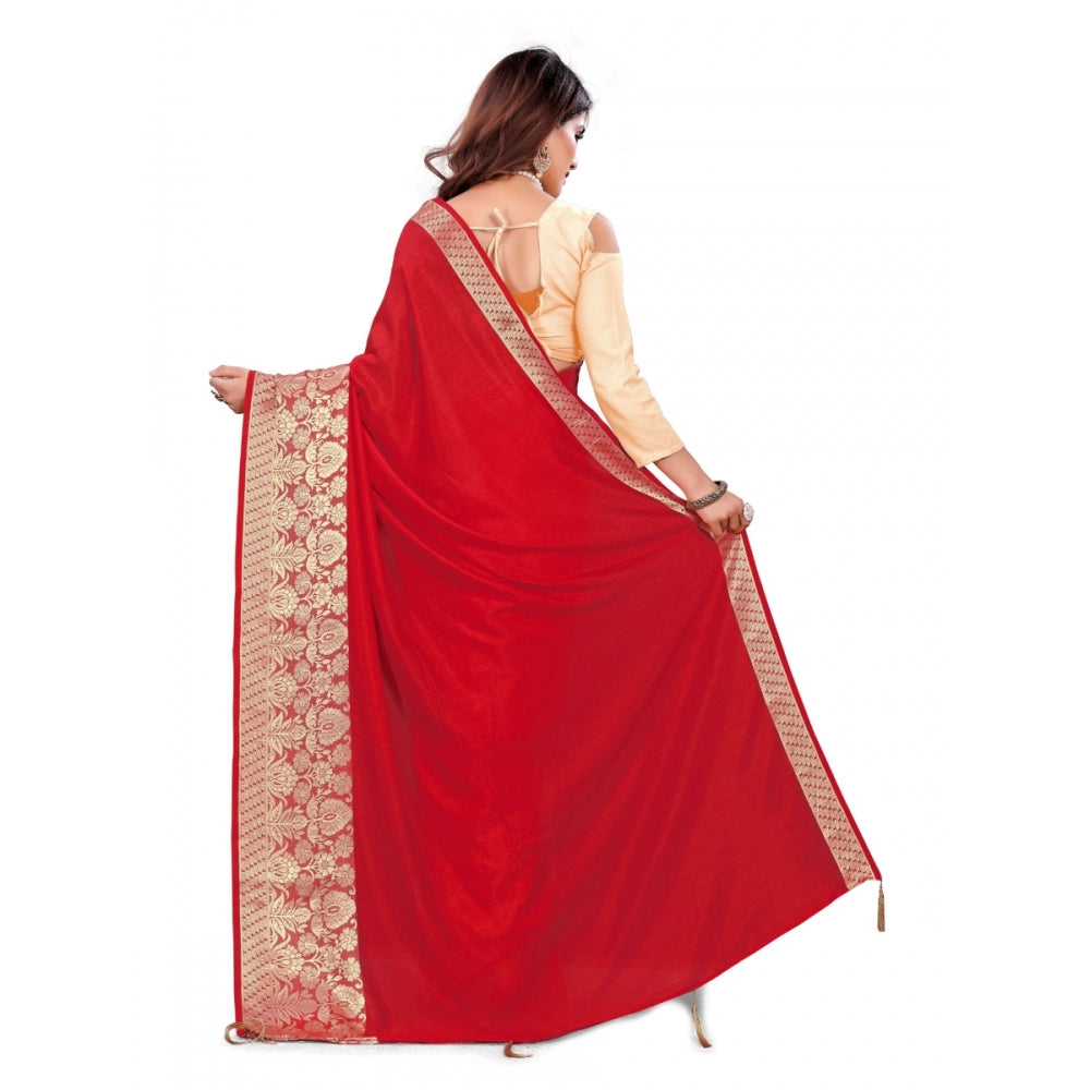 Clasymist Women's Vichitra Silk Saree With Blouse (Red, 5-6 Mtrs)