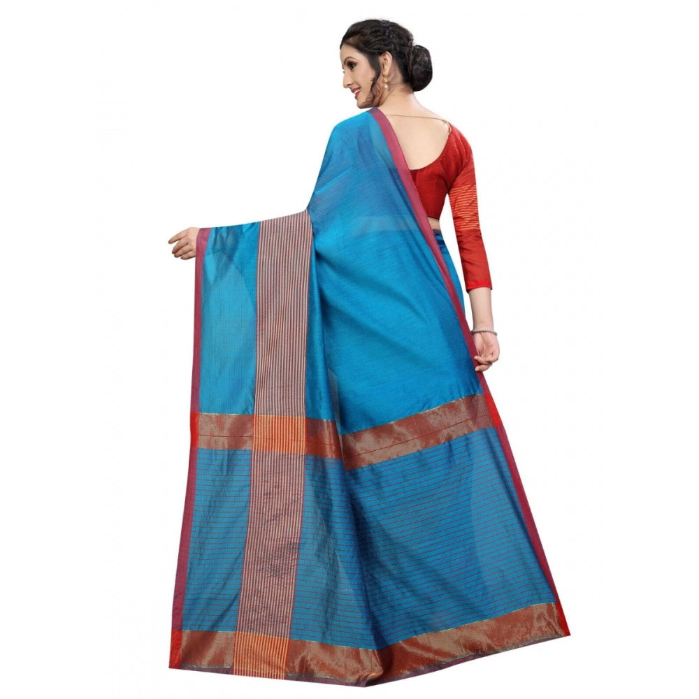 Clasymist Women's Cotton Saree With Blouse (Sky Blue, 5-6 Mtrs)