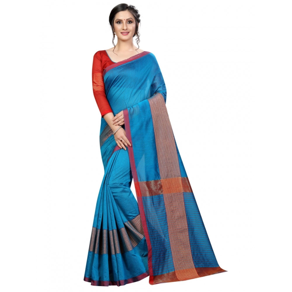 Clasymist Women's Cotton Saree With Blouse (Sky Blue, 5-6 Mtrs)