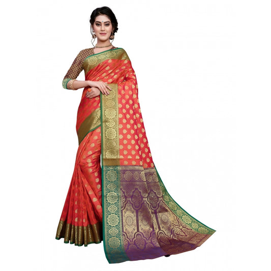 Clasymist Women's Sana Silk Jacquard Saree With Blouse (Orange, 5-6 Mtrs)