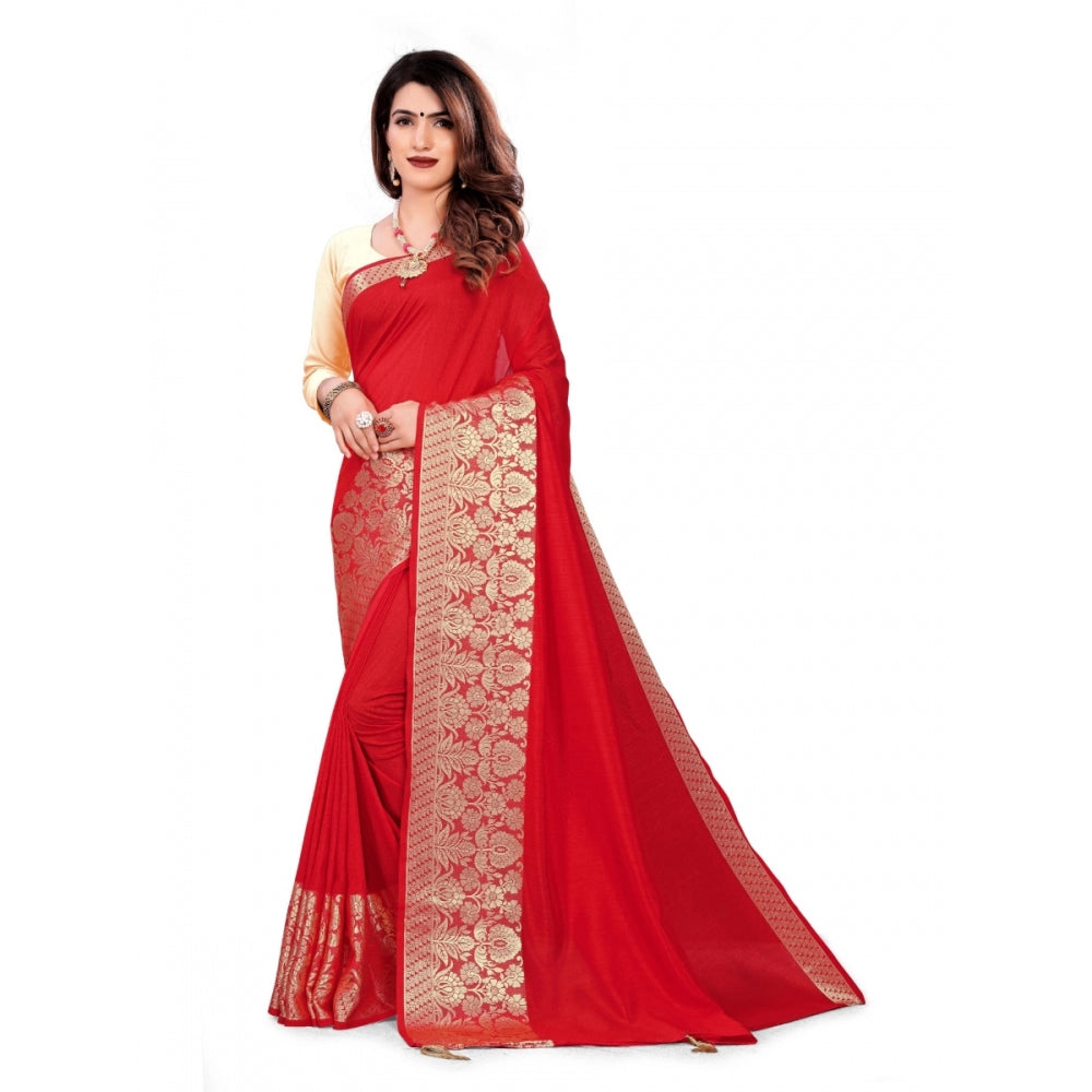 Clasymist Women's Vichitra Silk Saree With Blouse (Red, 5-6 Mtrs)