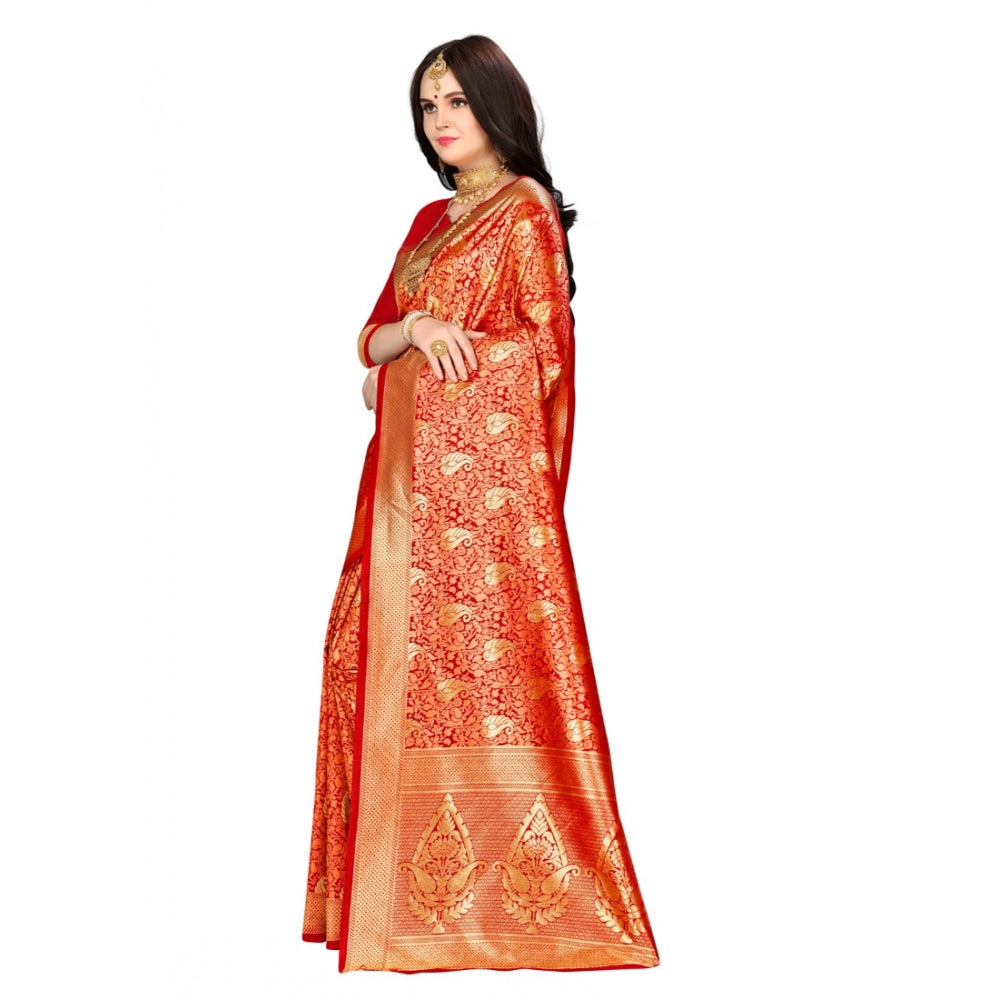 Clasymist Women's Banarasi silk Saree with Blouse (Red, 5-6mtr)