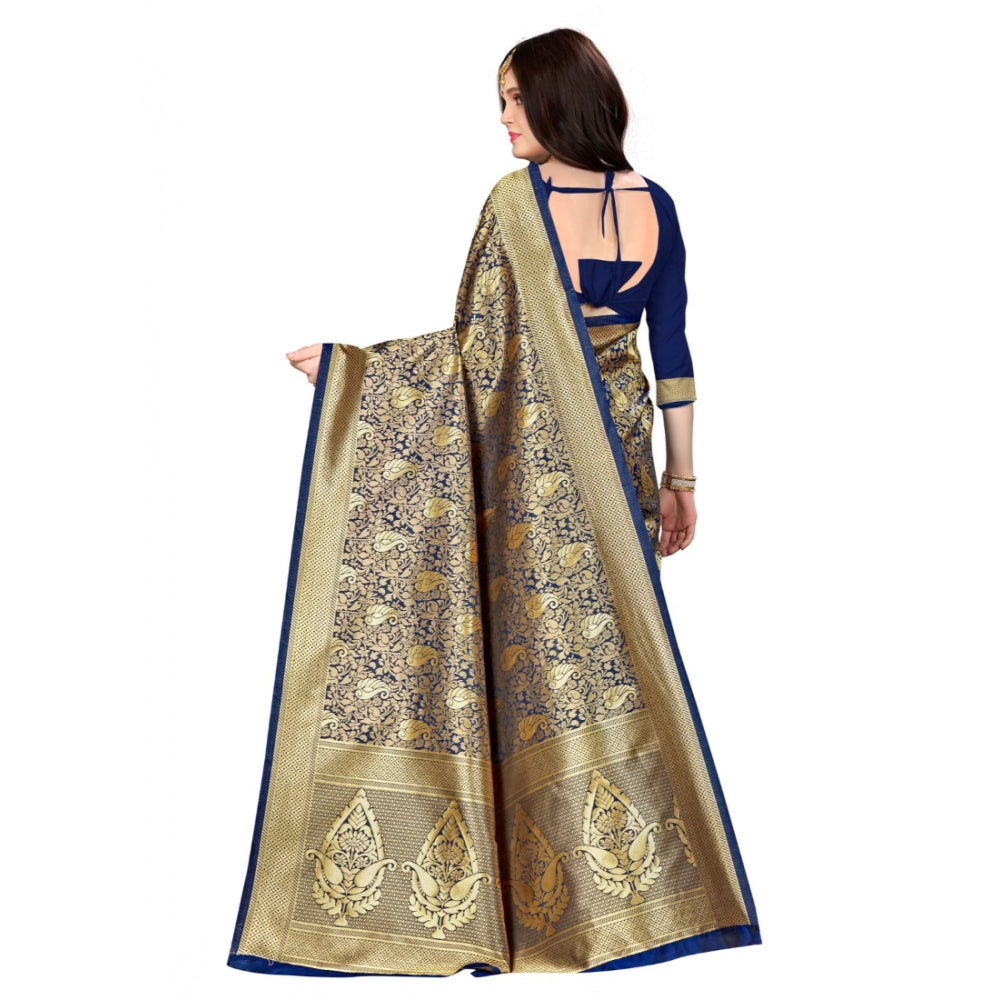 Clasymist Women's Banarasi silk Saree with Blouse (Navy blue, 5-6mtr)