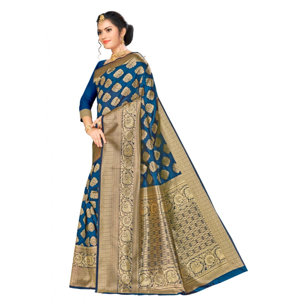 Clasymist Women's Banarasi silk Saree with Blouse (Navy blue, 5-6mtr)