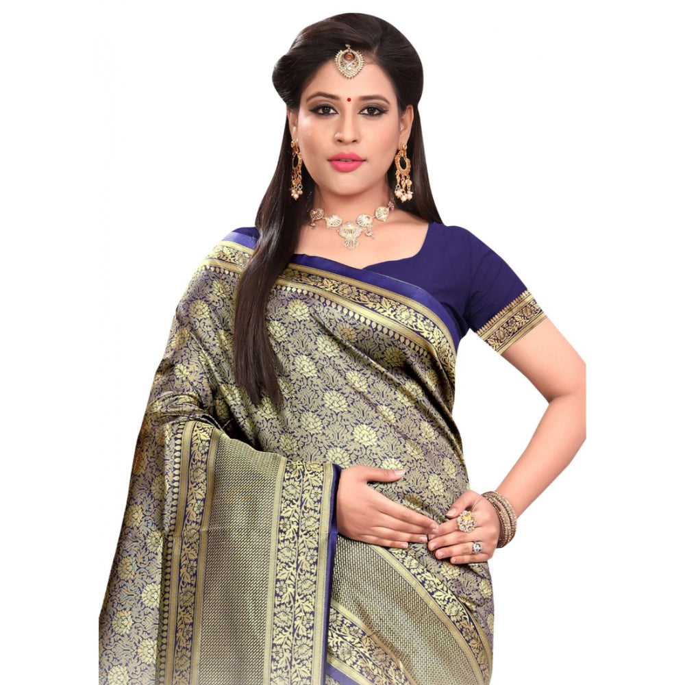 Clasymist Women's Banarasi silk Saree with Blouse (Navy blue, 5-6mtr)