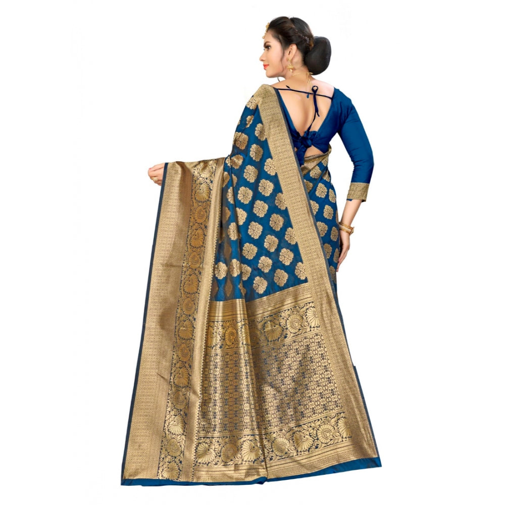 Clasymist Women's Banarasi silk Saree with Blouse (Navy blue, 5-6mtr)