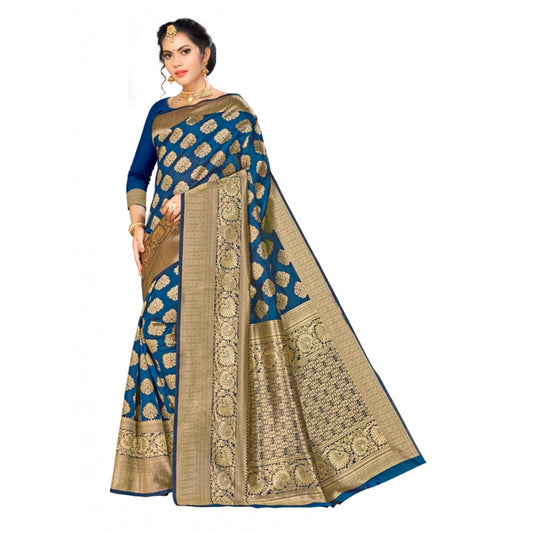 Clasymist Women's Banarasi silk Saree with Blouse (Navy blue, 5-6mtr)