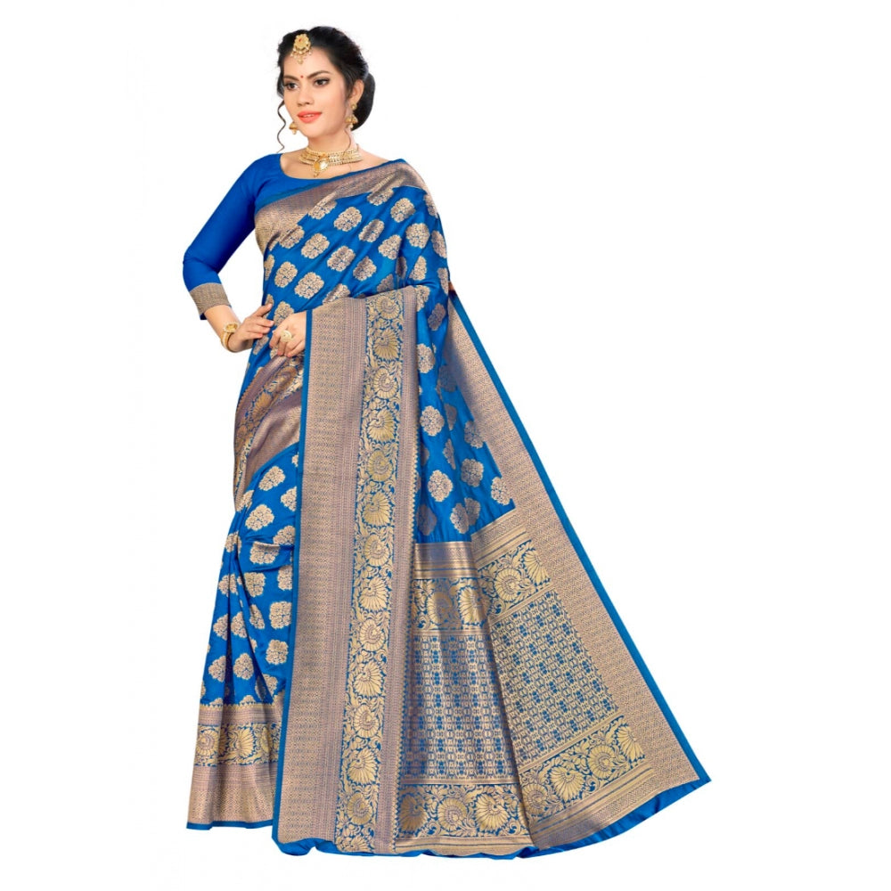 Clasymist Women's Banarasi silk Saree with Blouse (Blue, 5-6mtr)