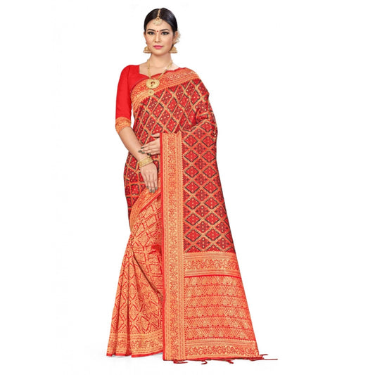 Clasymist Women's Banarasi silk Saree with Blouse (Red,black, 5-6mtr)