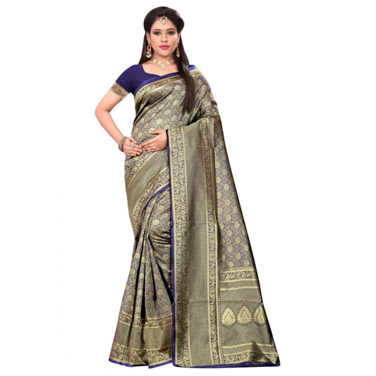 Clasymist Women's Banarasi silk Saree with Blouse (Navy blue, 5-6mtr)