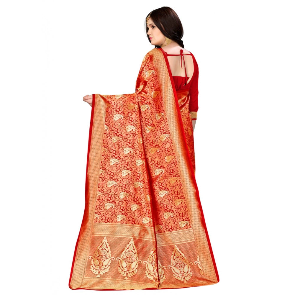 Clasymist Women's Banarasi silk Saree with Blouse (Red, 5-6mtr)