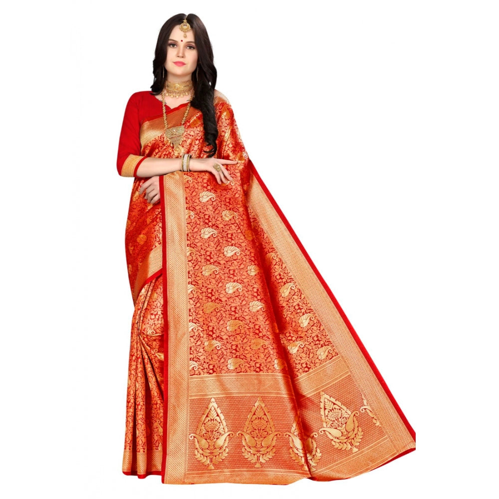 Clasymist Women's Banarasi silk Saree with Blouse (Red, 5-6mtr)