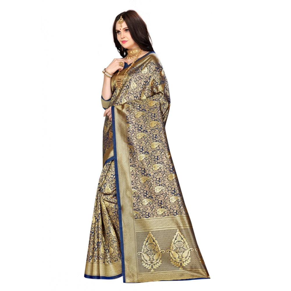 Clasymist Women's Banarasi silk Saree with Blouse (Navy blue, 5-6mtr)