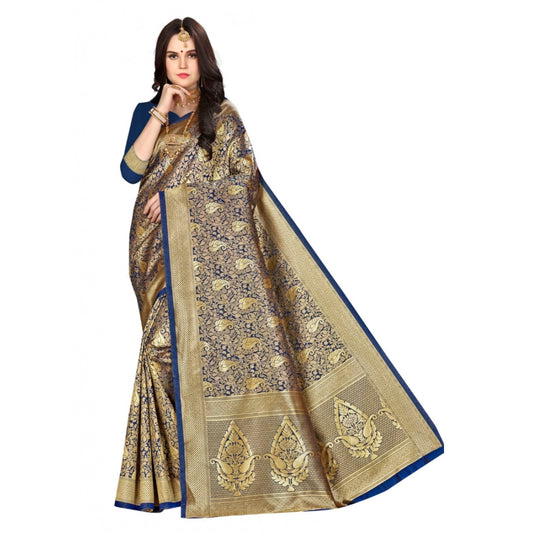 Clasymist Women's Banarasi silk Saree with Blouse (Navy blue, 5-6mtr)