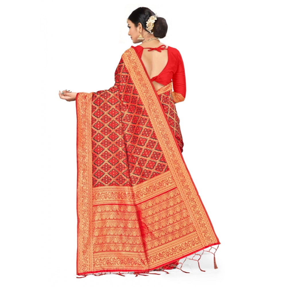 Clasymist Women's Banarasi silk Saree with Blouse (Red,black, 5-6mtr)