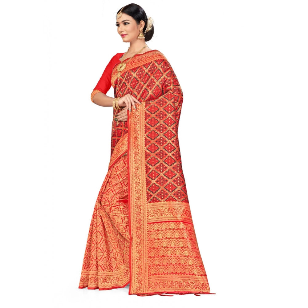 Clasymist Women's Banarasi silk Saree with Blouse (Red,black, 5-6mtr)