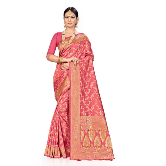 Clasymist Women's Banarasi Silk Saree (Peach, 5-6mtrs)